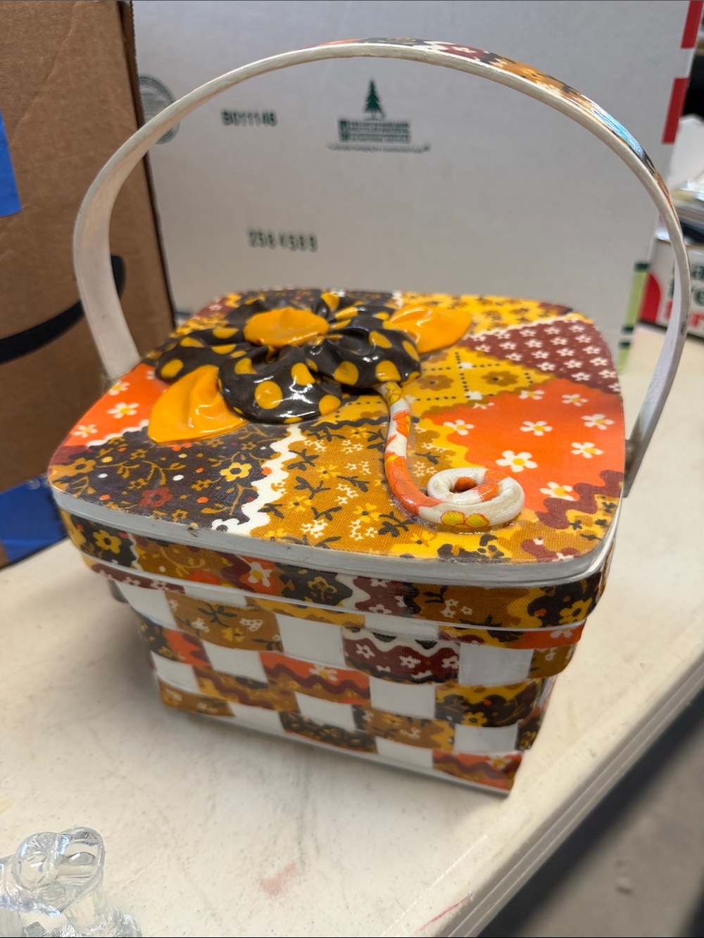 Vintage-Style Custom Made Orange Patchwork with  Flower Accent Basket